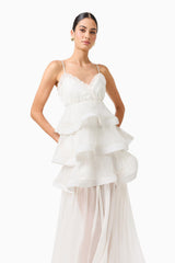 Bellini Tiered Maxi Dress in White Polkadot with V neck and spaghetti straps close up shot