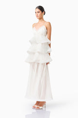 Bellini Tiered Maxi Dress in White Polkadot with V neck and spaghetti straps side shot