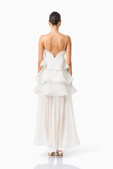 Bellini Tiered Maxi Dress in White Polkadot with V neck and spaghetti straps back shot