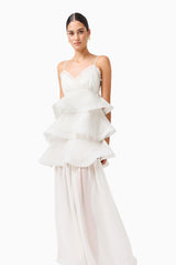 Bellini Tiered Maxi Dress in White Polkadot with V neck and spaghetti straps close up posed shot