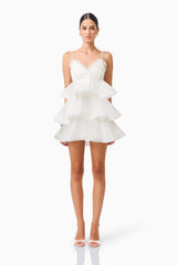 Bellini Tiered Maxi Dress in White Polkadot with V neck and spaghetti straps with skirt removed front shot