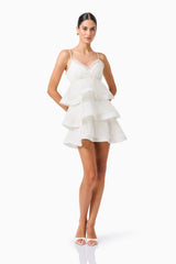 Bellini Tiered Maxi Dress in White Polkadot with V neck and spaghetti straps with skirt removed front posed shot