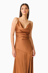 Brunette model wearing the Clementine Cowl Neck Gown in Brown close up shot 