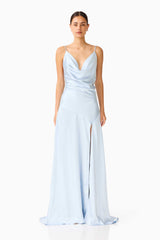 Brunette model wearing the Clementine Cowl Neck Gown in Pale Blue front shot 