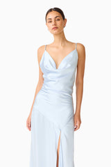 Brunette model wearing the Clementine Cowl Neck Gown in Pale Blue close up shot 