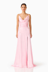 Brunette model wearing the Clementine Cowl Neck Gown in Pale Pink front shot