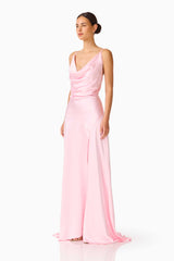 Brunette model wearing the Clementine Cowl Neck Gown in Pale Pink side shot