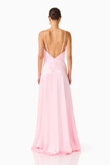 Brunette model wearing the Clementine Cowl Neck Gown in Pale Pink back shot