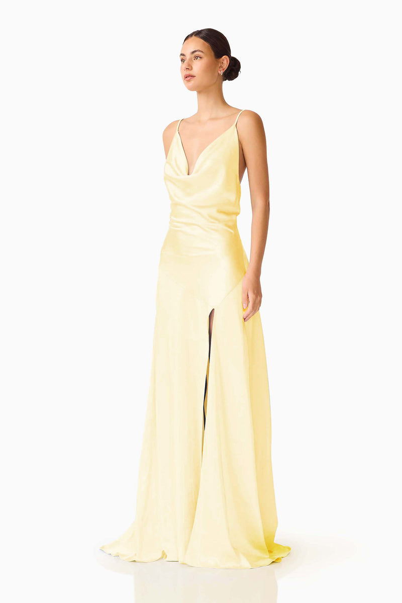 princess polly baby blue dress Clementine Cowl Neck Gown in Butter Yellow