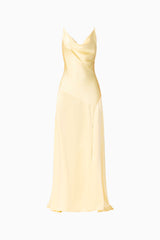 Clementine Cowl Neck Gown in Butter Yellow detail shot 