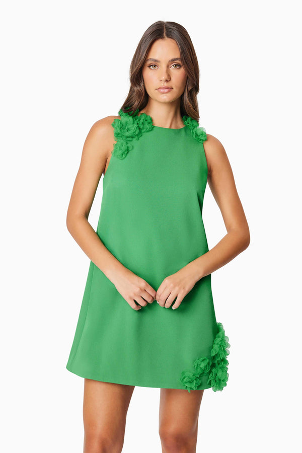 Brunette model wearing Valeria Day Mini Dress In Green close up shot