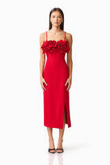 Brunette model wearing the Lila Fitted Midi Dress in Red front shot