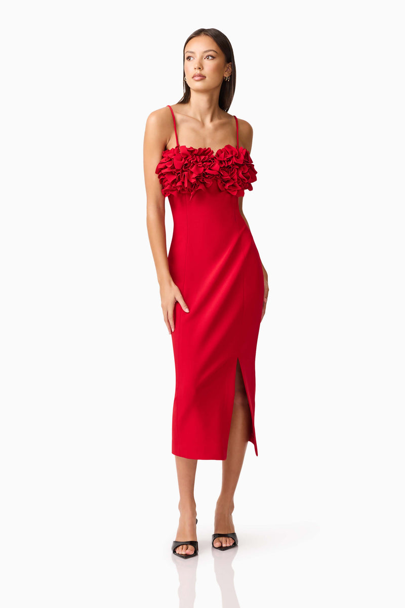 Brunette model wearing the Lila Fitted Midi Dress in Red posed shot