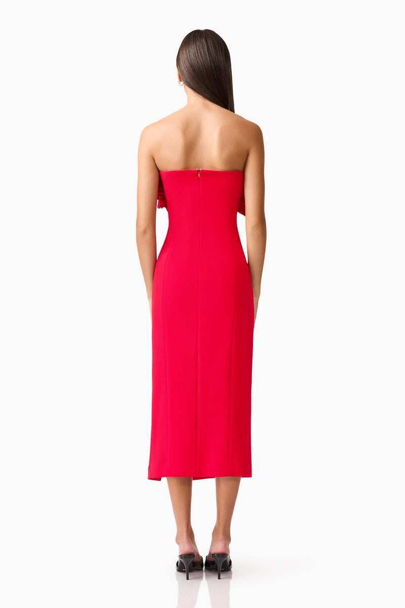 Lila Fitted Midi Dress in Red | Strapless with Rosette Detail Elliatt Lila Fitted Midi Dress in Red | Strapless with Rosette Detail Elliatt
