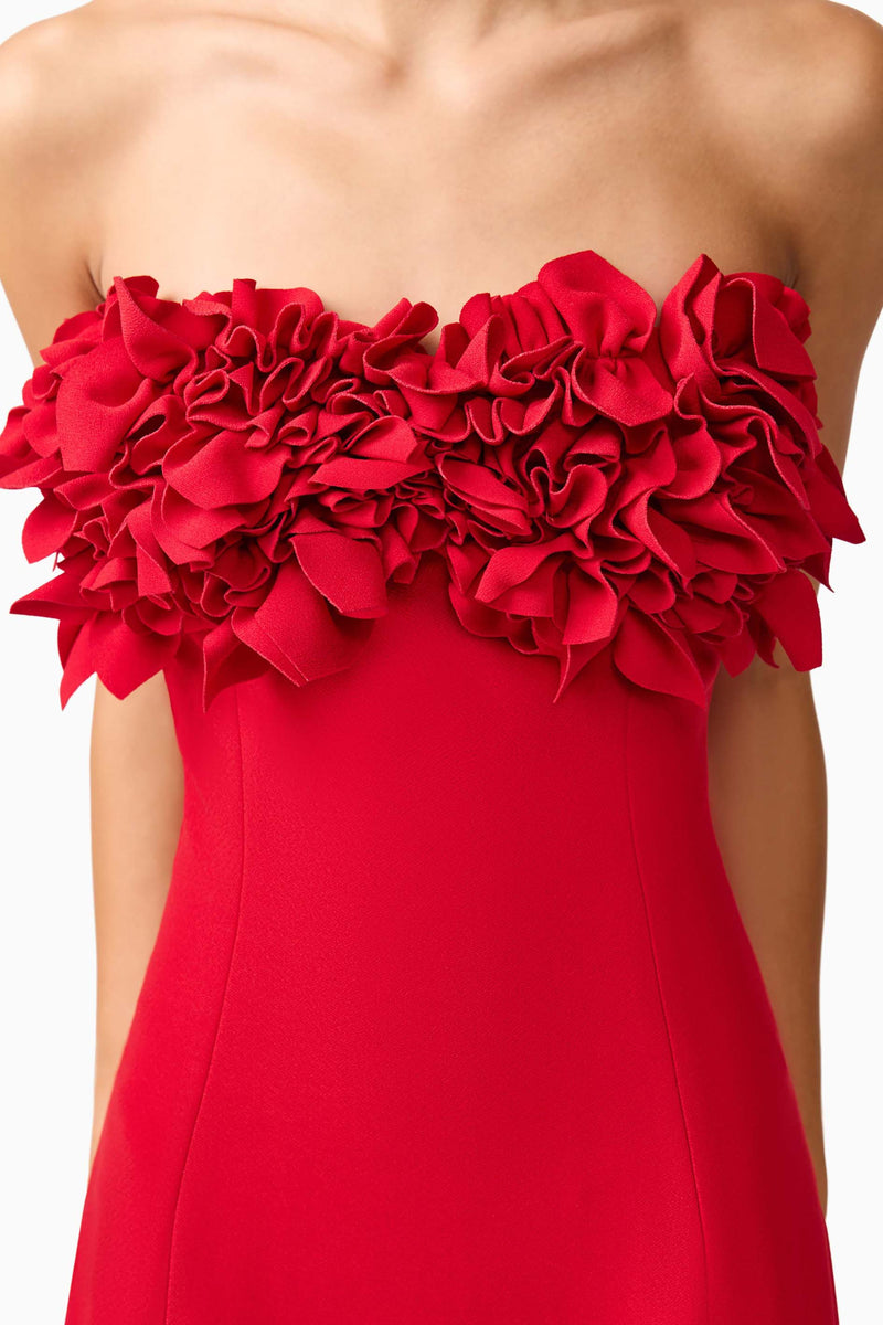 Brunette model wearing the Lila Fitted Midi Dress in Red detail shot