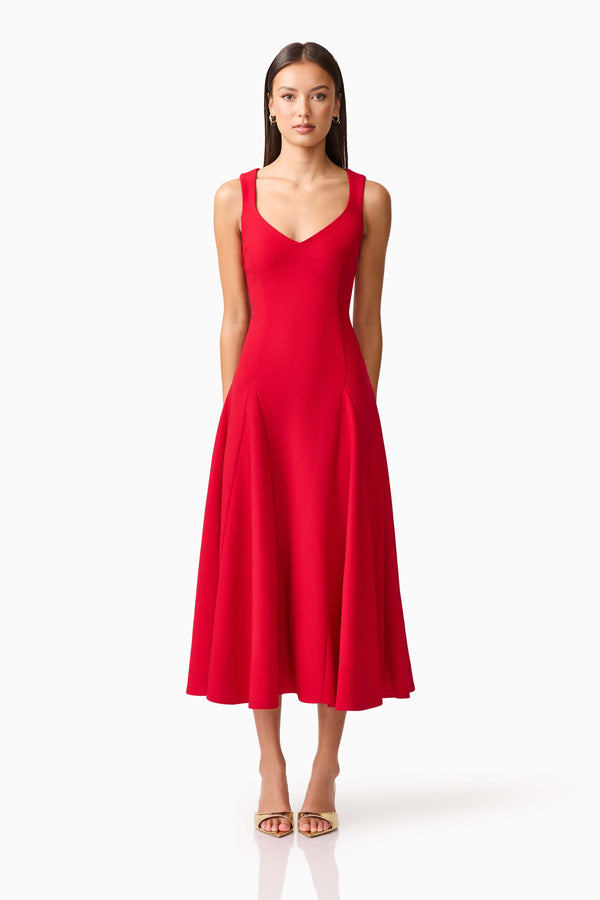 Brunette model wearing the Lila A-Line Midi Dress in Red front shot