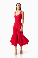 Brunette model wearing the Lila A-Line Midi Dress in Red posed shot