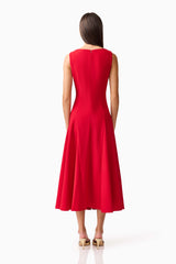Brunette model wearing the Lila A-Line Midi Dress in Red back shot