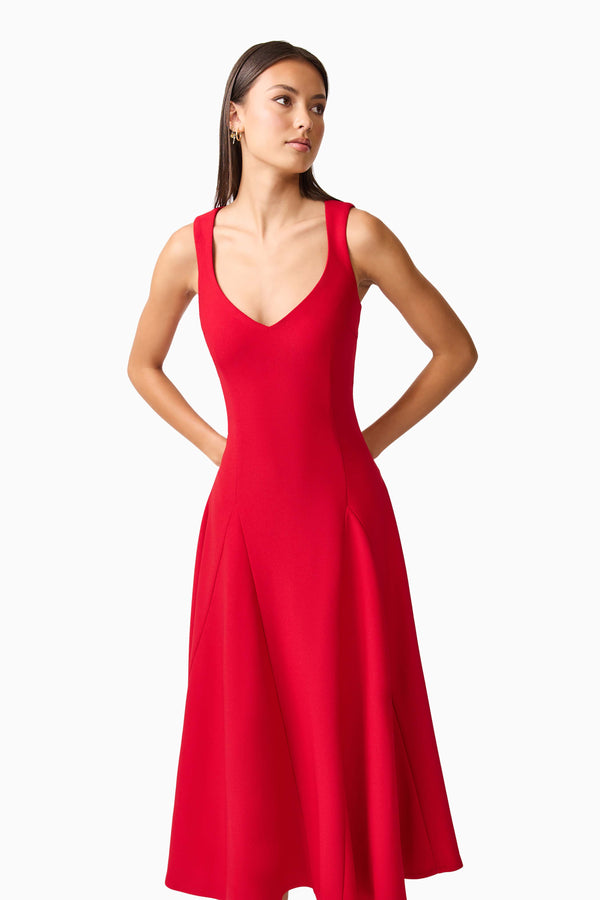 Brunette model wearing the Lila A-Line Midi Dress in Red close up shot