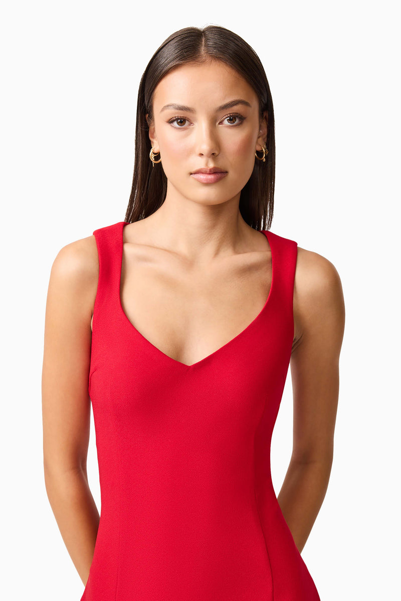 Brunette model wearing the Lila A-Line Midi Dress in Red detail upper shot