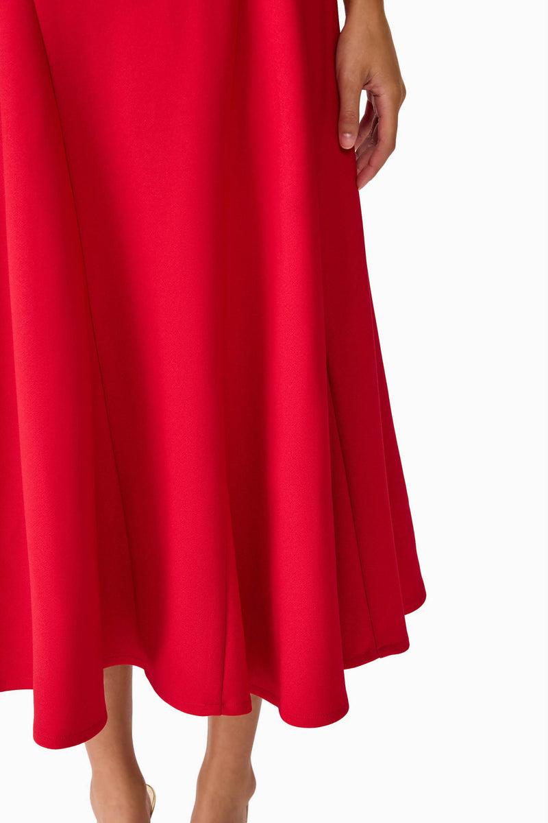 Brunette model wearing the Lila A-Line Midi Dress in Red detail lower shot