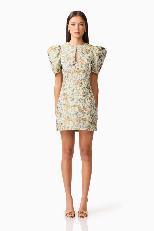 Brunette model wearing Tasmin Puff Sleeve Mini Dress in Blue & Yellow Floral Front Shot