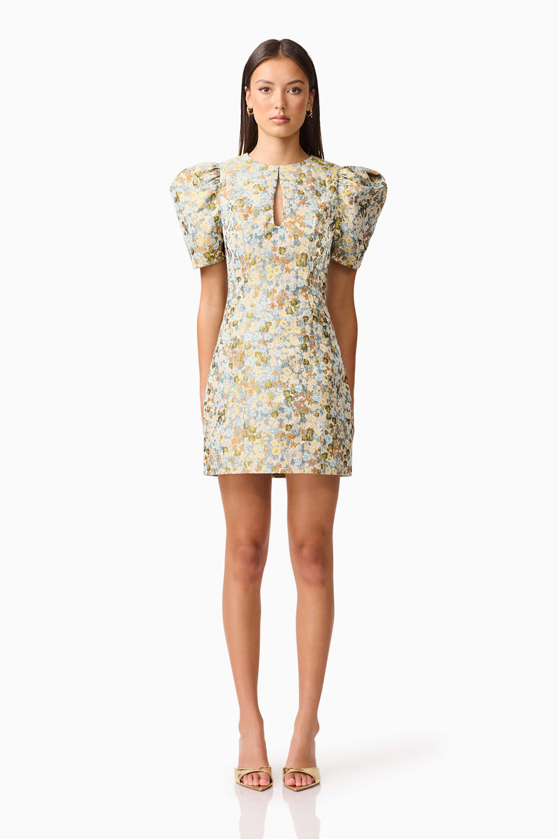 Brunette model wearing Tasmin Puff Sleeve Mini Dress in Blue & Yellow Floral Front Shot