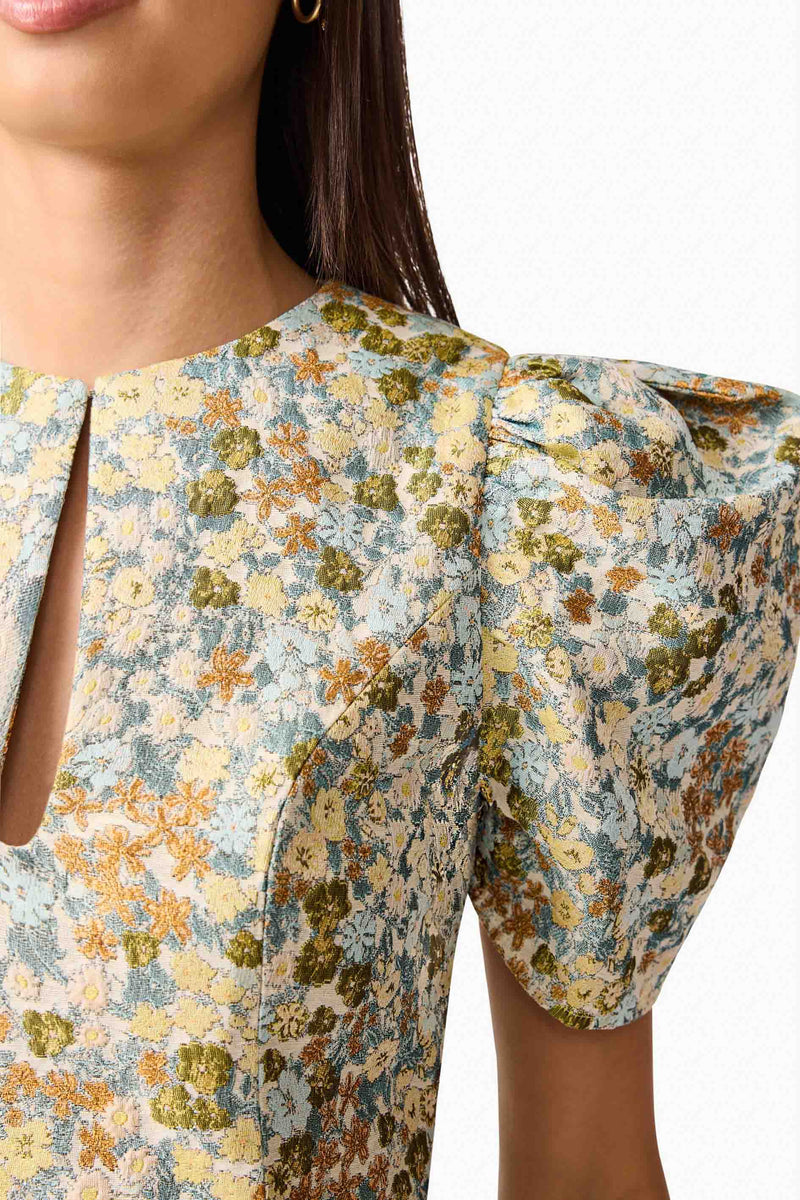Tasmin Puff Sleeve Midi Dress in Blue & Yellow Floral Detail Shot