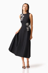 Brunette model wearing the Soleil A-Line Midi Dress in Black Posed Shot