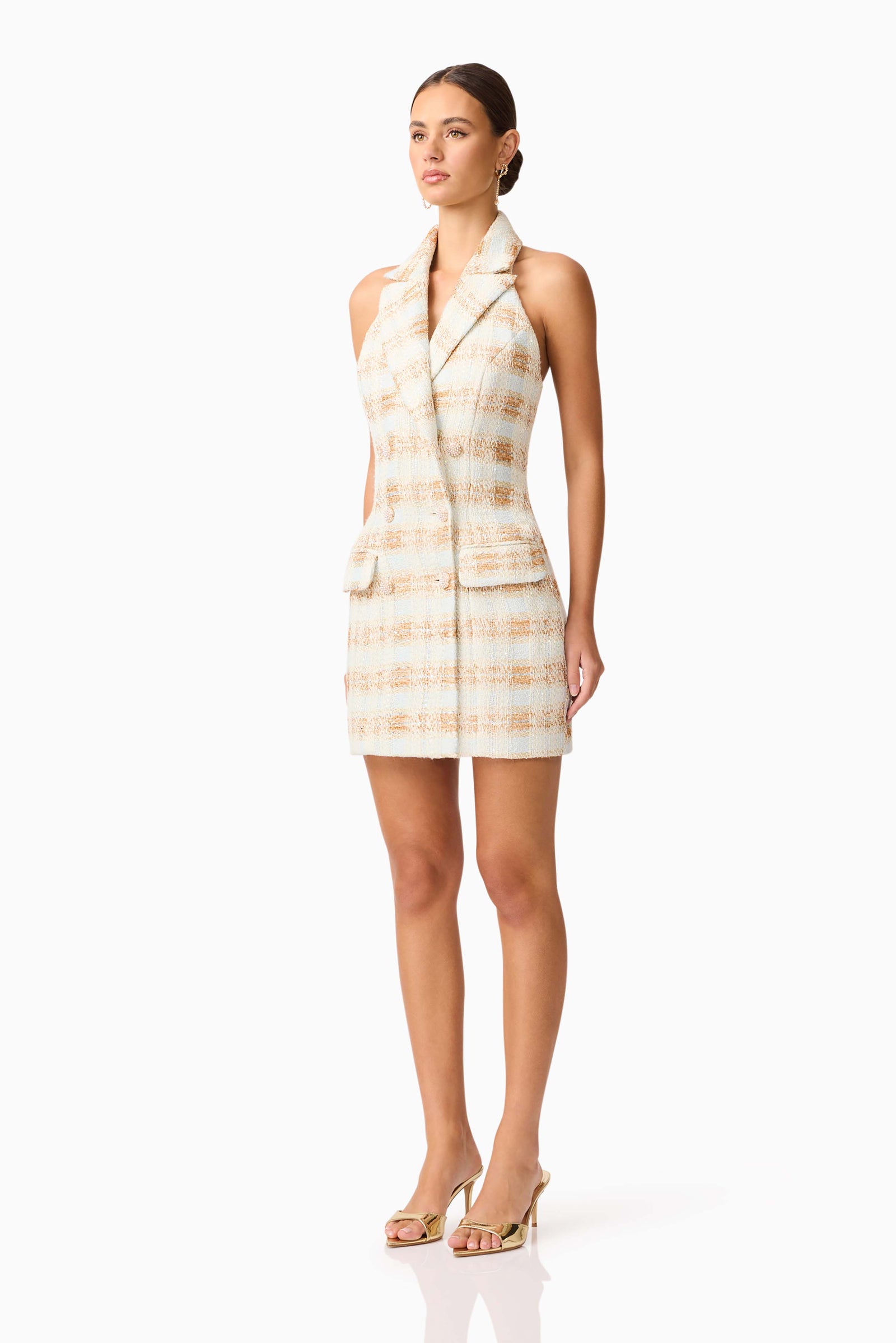 Ashlyn Halter Tweed Mini Dress - White & Gold - M