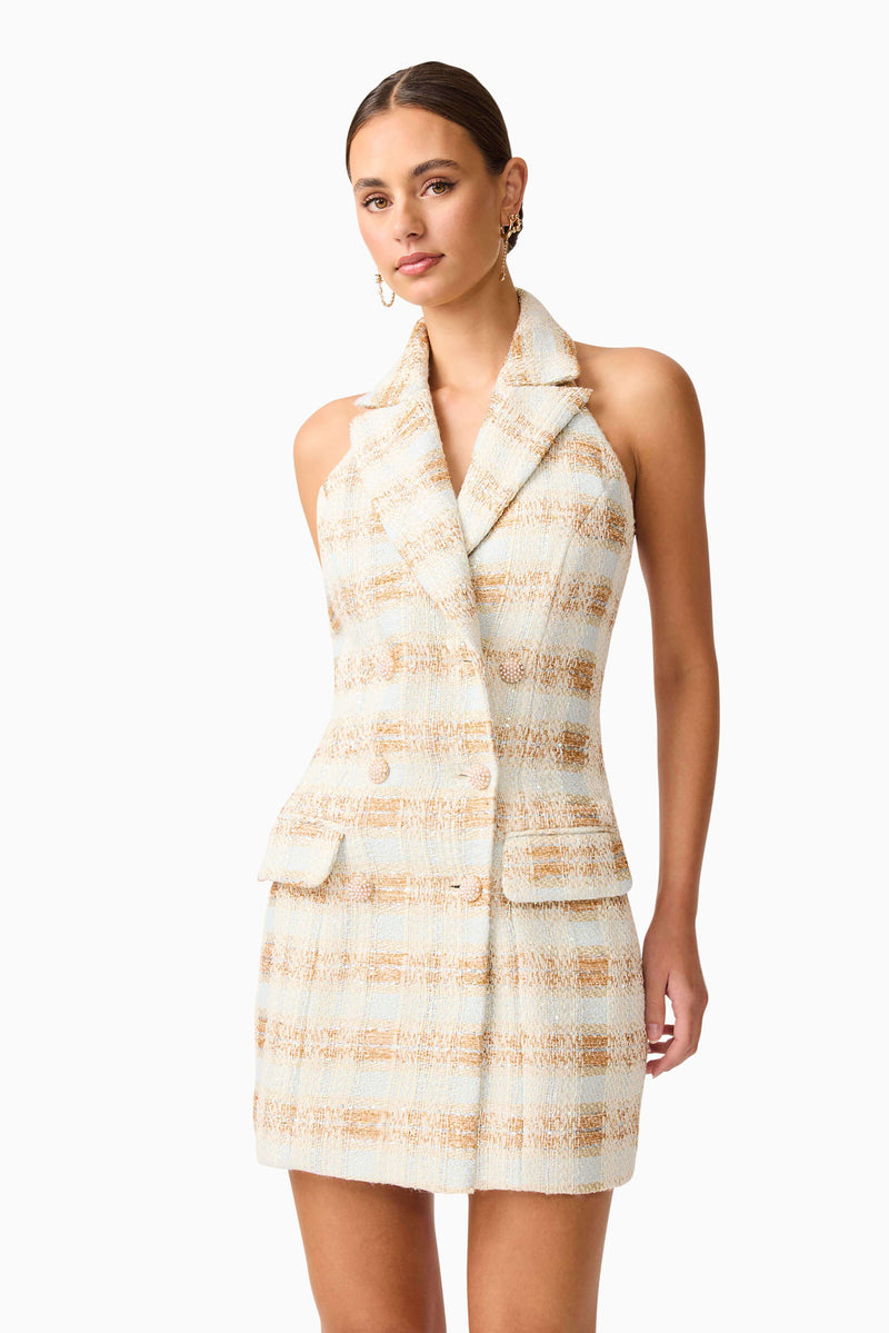 Brunette model wearing Ashlyn Halter Tweed Mini Dress in White & Gold close up shot