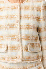 Brunette model wearing Ashlyn Long Sleeve Tweed Set in White & Gold detail shot