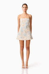 Brunette model wearing Nia Embroidered Mini Dress in Beige front Shot