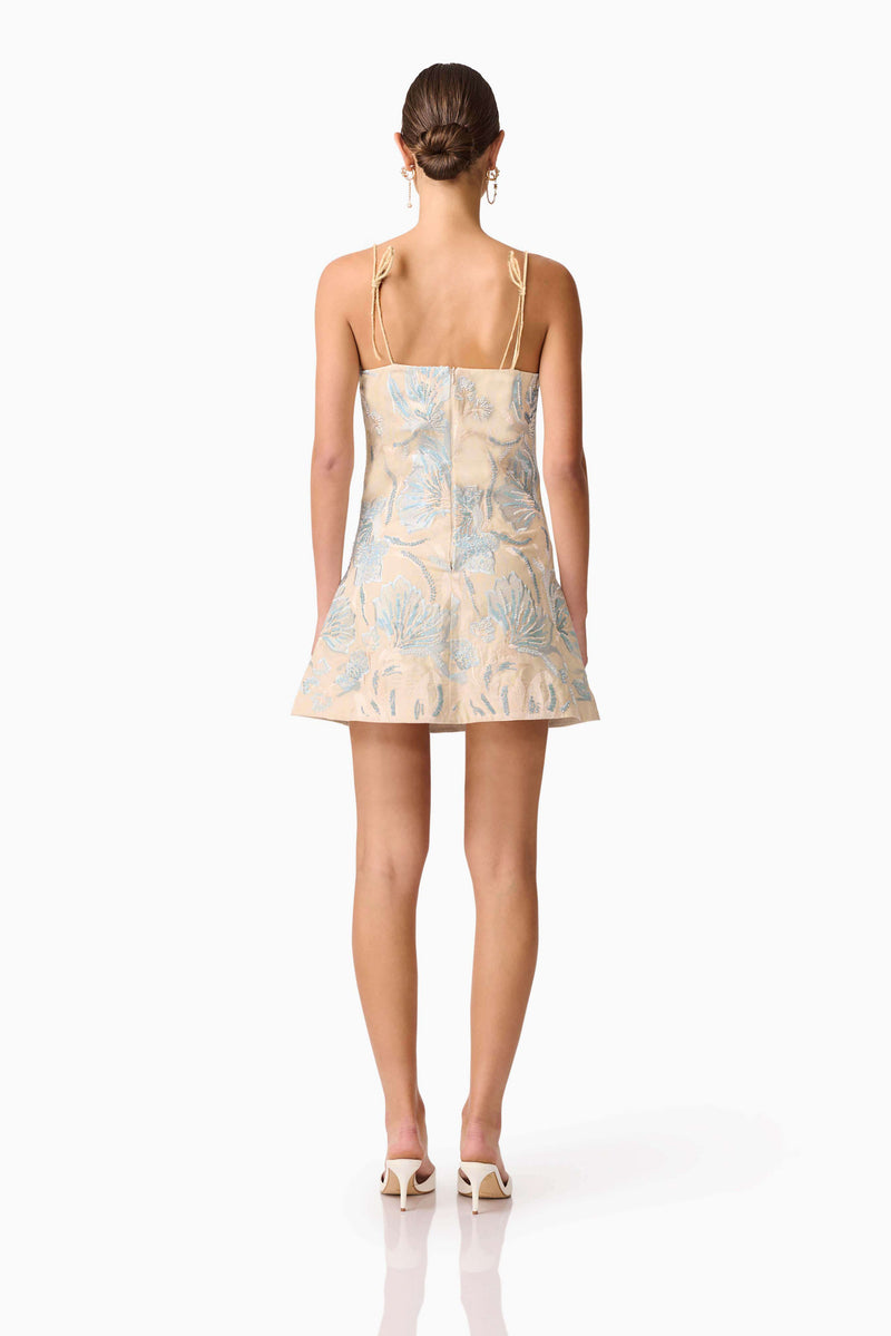 Brunette model wearing Nia Embroidered Mini Dress in Beige back Shot