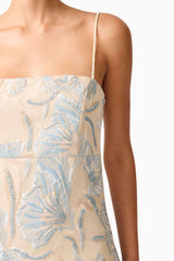 Brunette model wearing Nia Embroidered Mini Dress in Beige detail Shot
