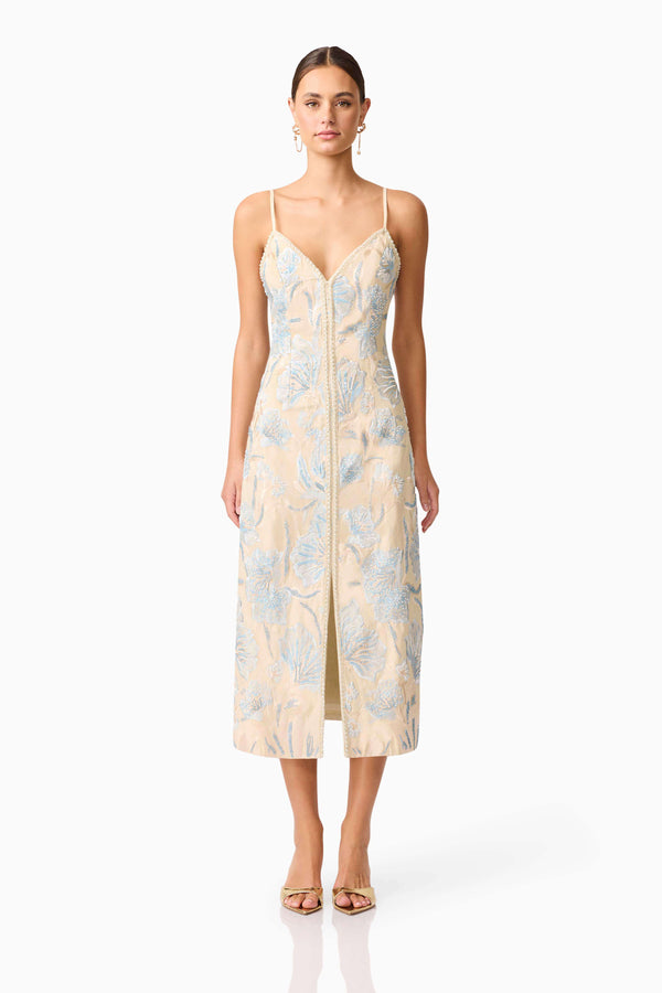 Brunette model wearing Nia Embroidered Midi Dress in Beige front shot