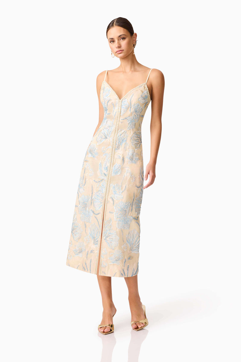 Brunette model wearing Nia Embroidered Midi Dress in Beige posed shot
