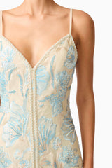 Nia Embroidered Midi Dress in Beige detail shot