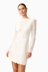 Brunette model wearing the Margot Long Sleeve Mini Dress in White Close up shot