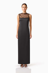 Brunette model wearing the Margot Satin Gown in Black front shot