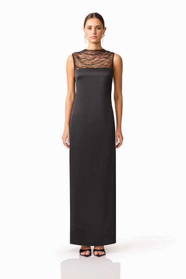 Brunette model wearing the Margot Satin Gown in Black front shot
