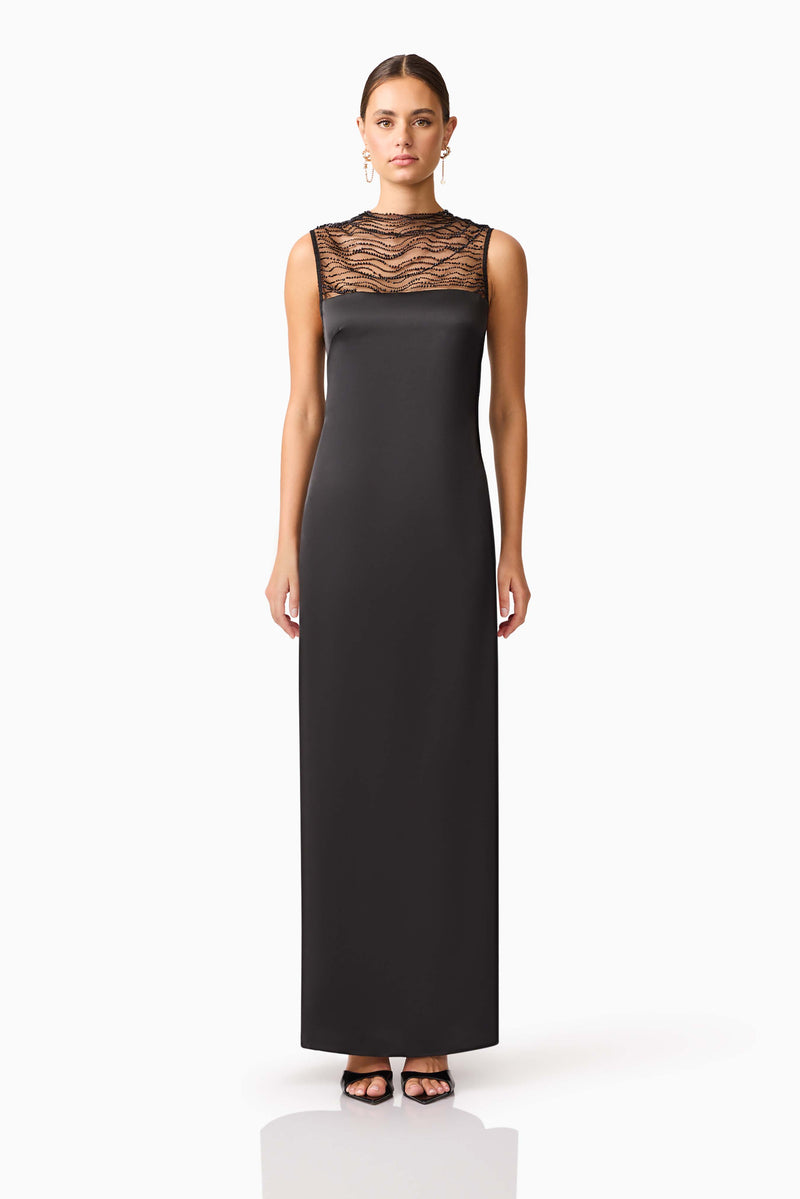 Brunette model wearing the Margot Satin Gown in Black front shot