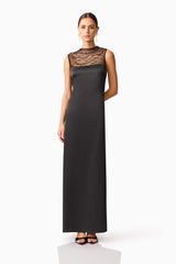 Brunette model wearing the Margot Satin Gown in Black posed shot
