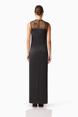 Brunette model wearing the Margot Satin Gown in Black back shot