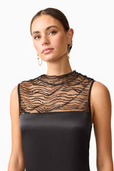 Brunette model wearing the Margot Satin Gown in Black close up shot