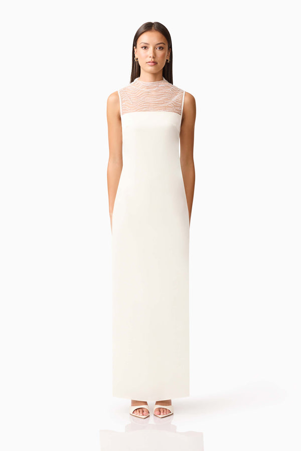 Brunette model wearing the Margot Satin Gown in White front shot