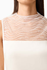 Brunette model wearing the Margot Satin Gown in White detail shot