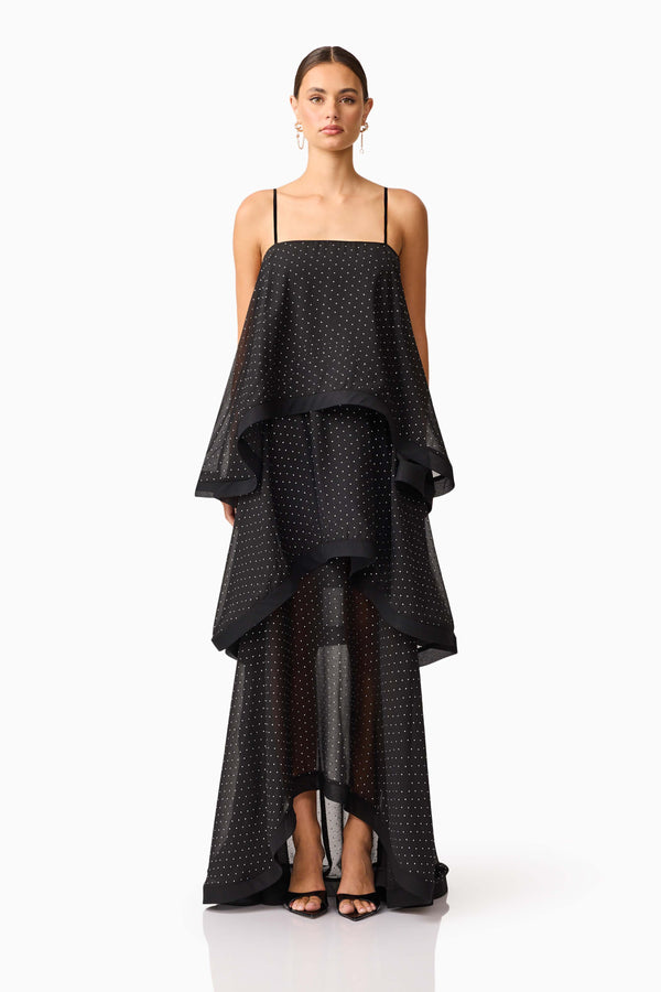 Brunette model wearing Moss Tiered Gown in Black front shot