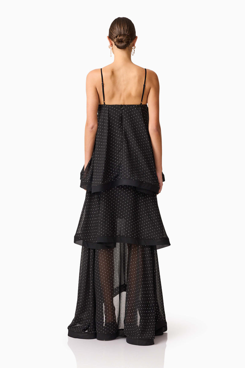 Brunette model wearing Moss Tiered Gown in Black back shot