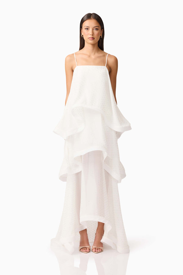 Brunette model wearing Moss Tiered Gown in White front shot